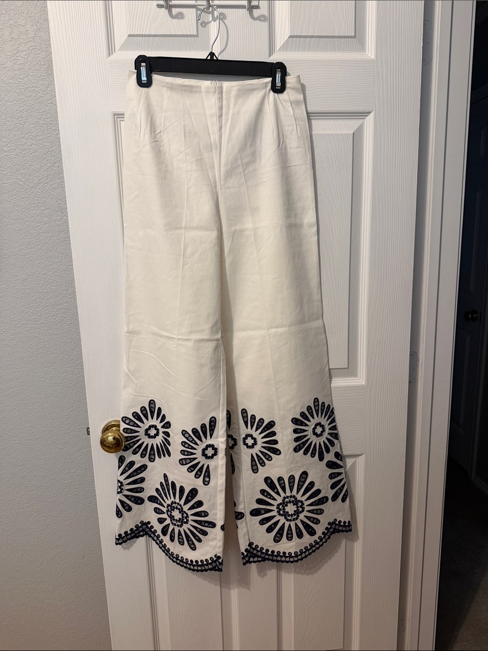 Maje White Wide-Leg Embroidered Hem Palazzo Pants
